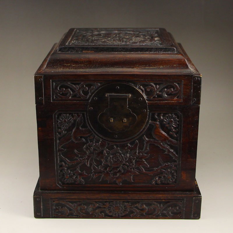 Vintage Chinese Zitan Wood Box w Magpie & Plum Flower (1 of 6)
