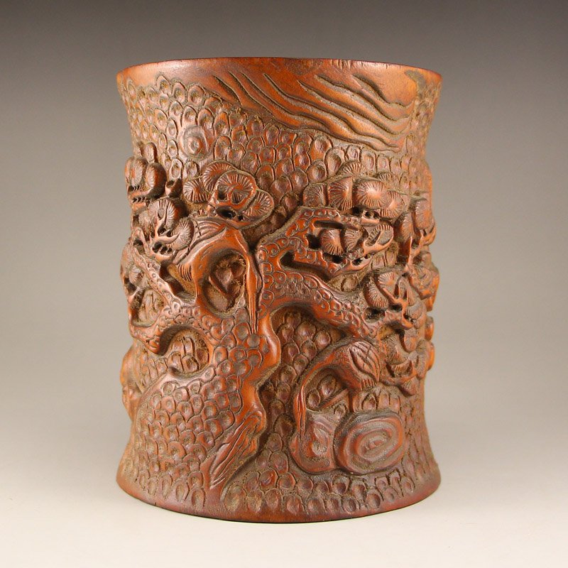 Vintage Chinese Bamboo Root Brush Pot w Pine Tree (1 of 7)