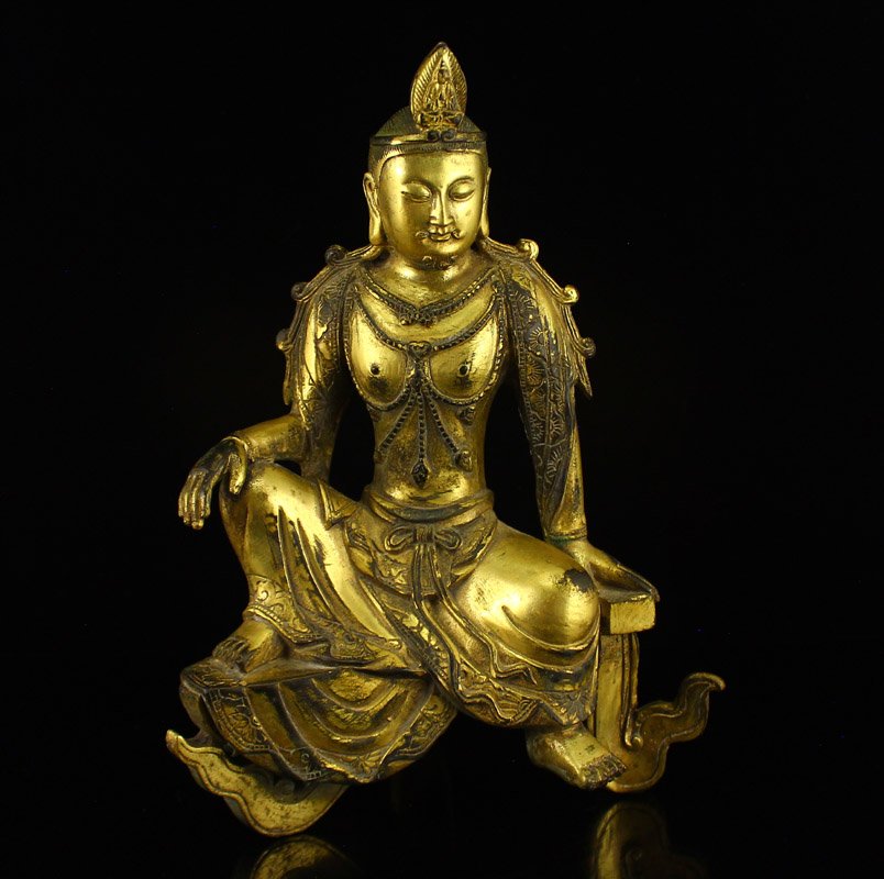 Chinese Ming Dy Gilt Gold Bronze Buddha Figure Statue (1 of 7)