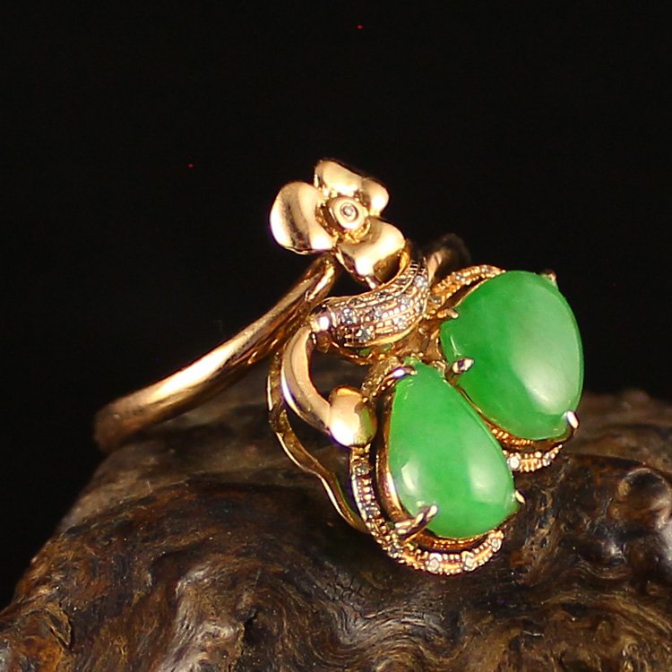18K Gold Inlay Natural Jadeite Diamond Ring (1 of 9)