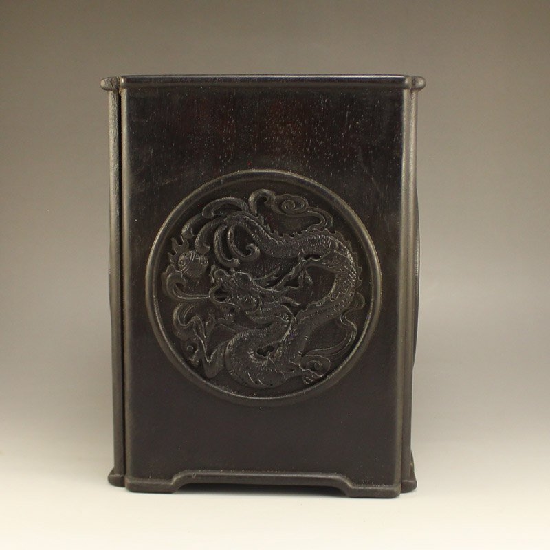 Chinese Black Sanders Wood Brush Pot w Dragons & Balls: Chinese Black Sanders Wood Brush Pot w Dragons & Balls Dimension: 160x122x122(mm)6.30x4.80x4.80(inches) Weight 2.01 lbs/913 g