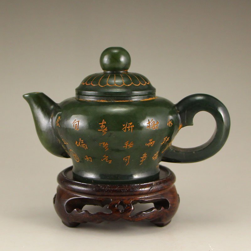 Chinese Qing Dynasty Green Hetian Jade Poetry Teapot (1 of 8)