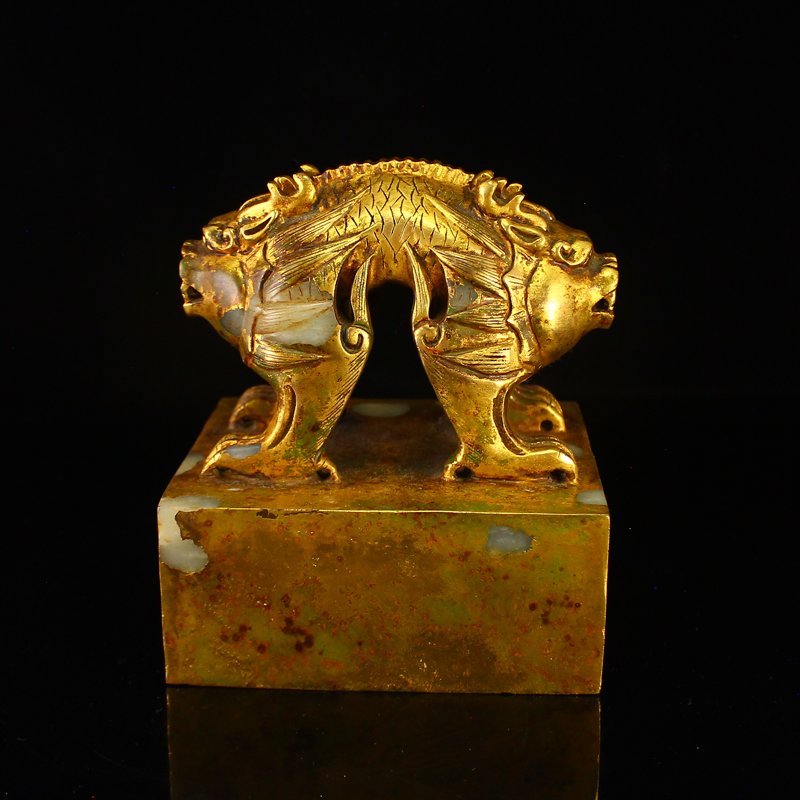 Chinese Gilt Gold Hetian Jade Double Heads Beast Seal (1 of 6)
