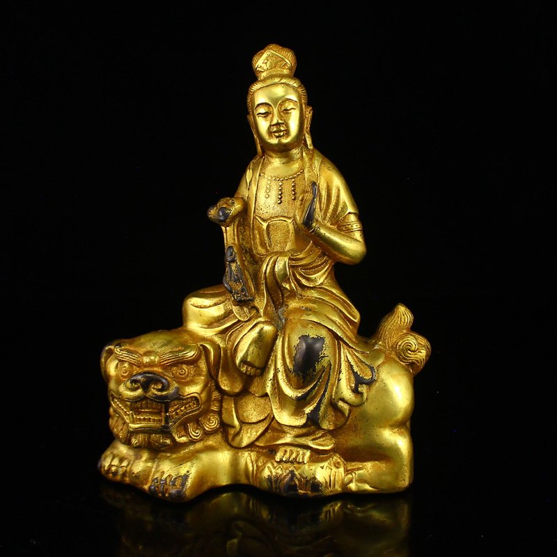 Chinese Gilt Gold Bronze Statue - Manjusri & Lion (1 of 6)