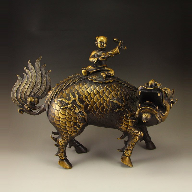Vintage Chinese Brass Statue - Kylin & Ruyi Kid (1 of 9)