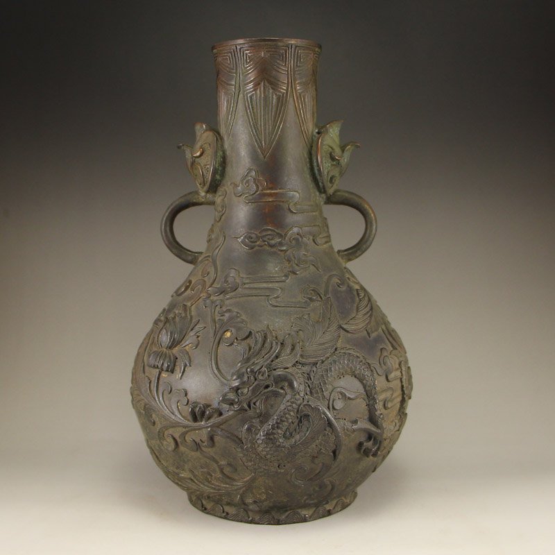 Vintage Chinese Bronze Fortune Dragon Double Ears Vase (1 of 10)