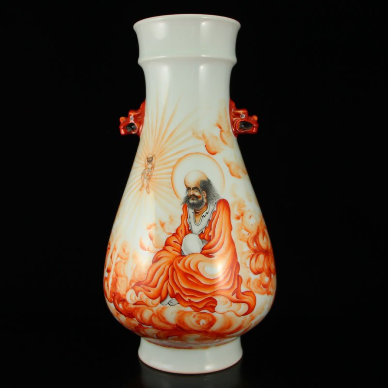 Chinese Qing Dy Iron Red Glaze Double Ears Vase - Arhat (1 of 8)