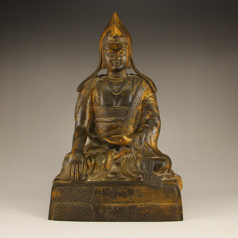 Tibet Buddhist Gilt Gold Bronze Tsongkhapa Statue (1 of 9)