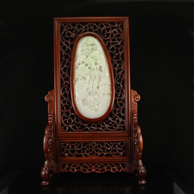 Vintage Chinese Zitan Wood Inlay Hetian Jade Screen (1 of 8)