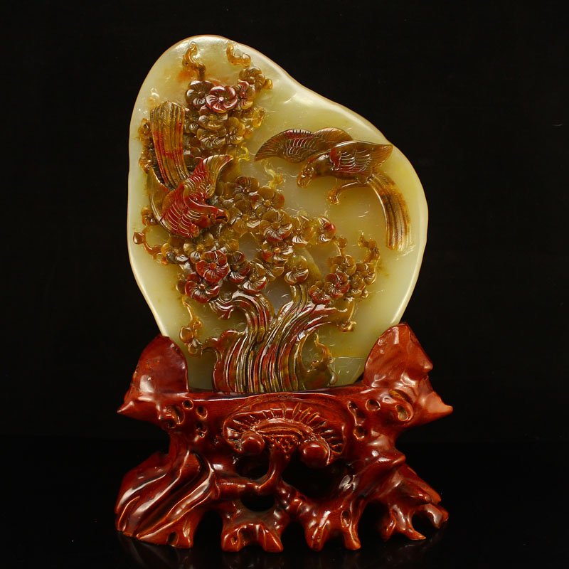 Chinese Natural Jade Statue - Magpie & Plum Flower (1 of 6)