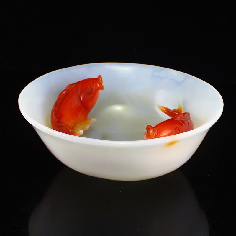 Superb Chinese Agate Bowl Carved Fortune Double Fish (1 of 7)