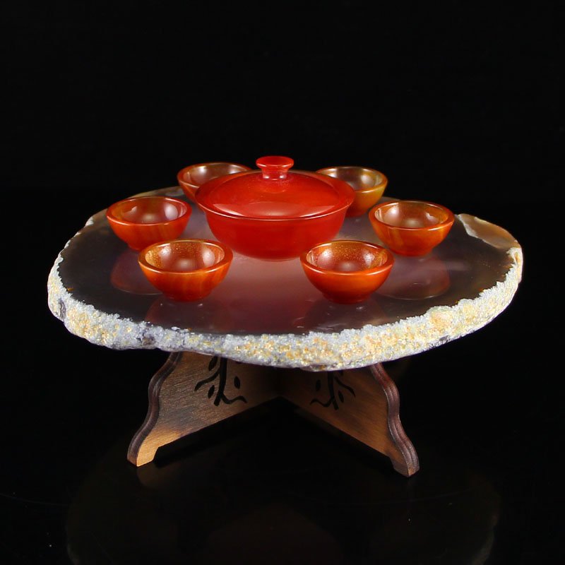 Chinese Red Agate Teabowl & Cup w Water Bile Agate Base (1 of 10)