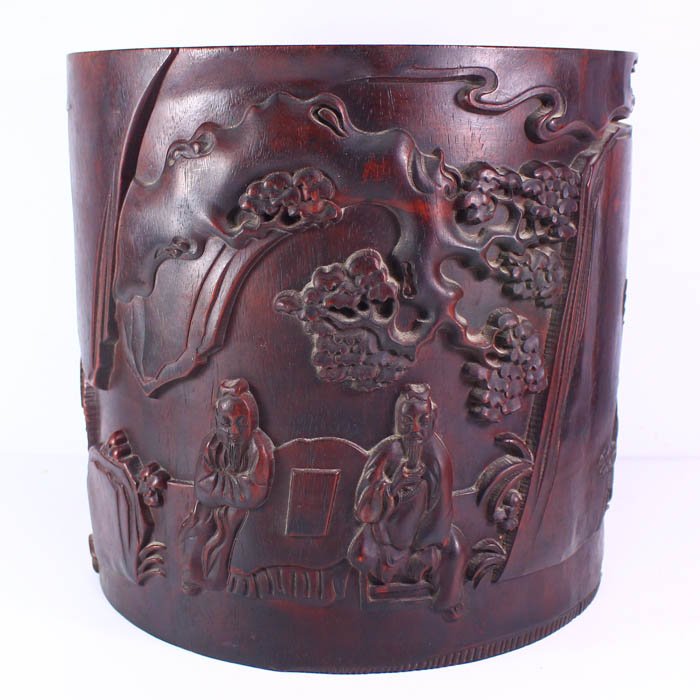 Chinese Zitan Wood Big Brush Pot w Sages Meeting (1 of 8)