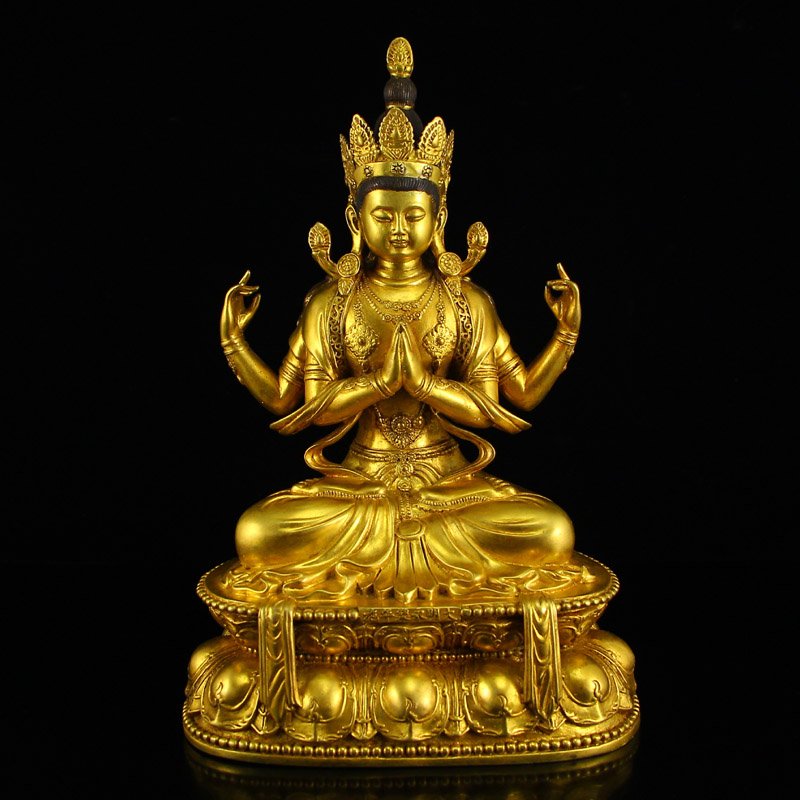 Tibetan Gilt Gold Bronze Four Arms Kwan-yin Statue (1 of 7)