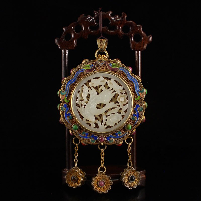 Gold Wire Inlay Hetian Jade & Gems Phoenixes Pendant (1 of 10)