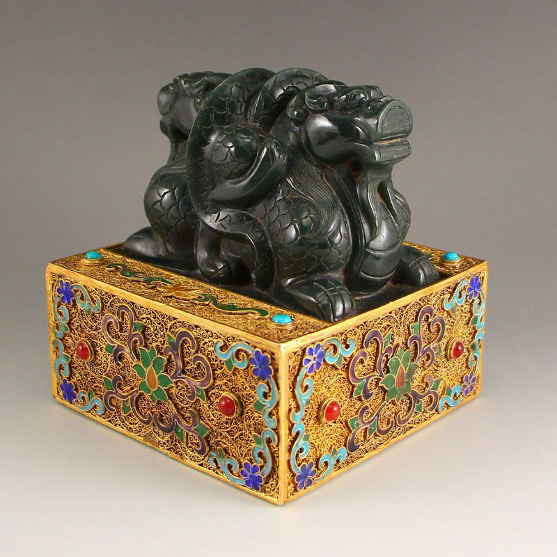 Hetian Jade Inlay Gold Wire & Gem Double Dragons Seal (1 of 5)