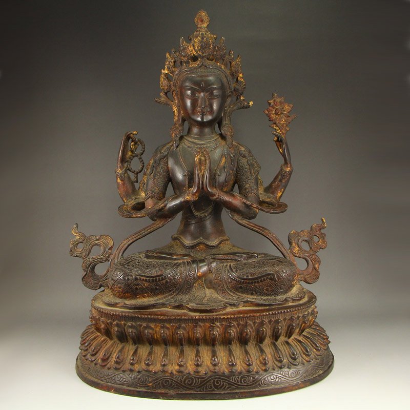 Chinese Ming Dynasty Bronze Four Arms Kwan-yin Statue: Chinese Ming Dynasty Bronze Four Arms Kwan-yin Statue Dimension: 430x280x220(mm)16.93x11.02x8.66(inches) Weight 15.45 lbs/7009 g