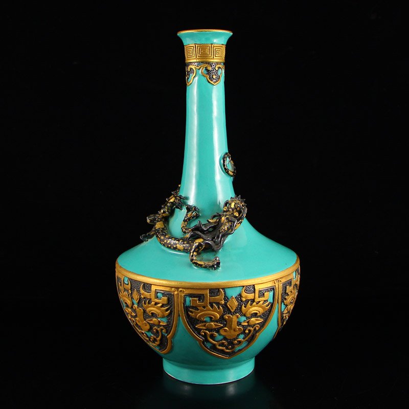 Chinese Turquoise Glaze Low Relief Lucky Dragon Vase (1 of 6)