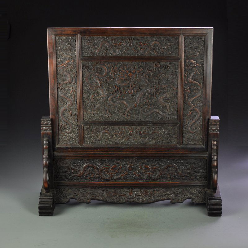 Vintage Chinese Zitan Wood Lucky Dragons Screen (1 of 8)