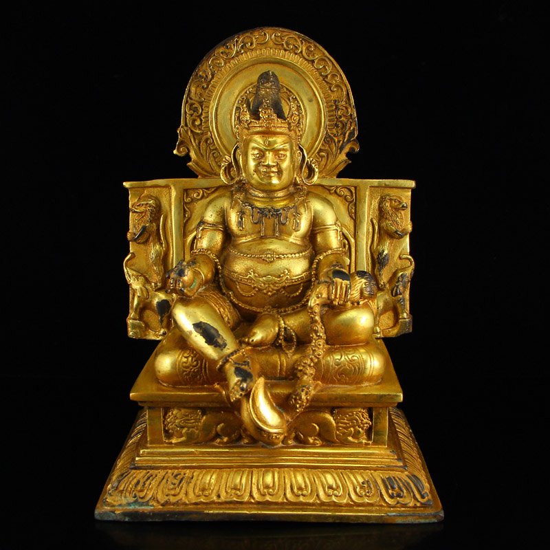 Chinese Ming Dy Gilt Gold Bronze Yellow Jambhala Statue: Chinese Ming Dynasty Gilt Gold Bronze Yellow Jambhala StatueDimension: 178x155x258(mm)7.01x6.10x10.16(inches) Weight 5.14 lbs/2331 g