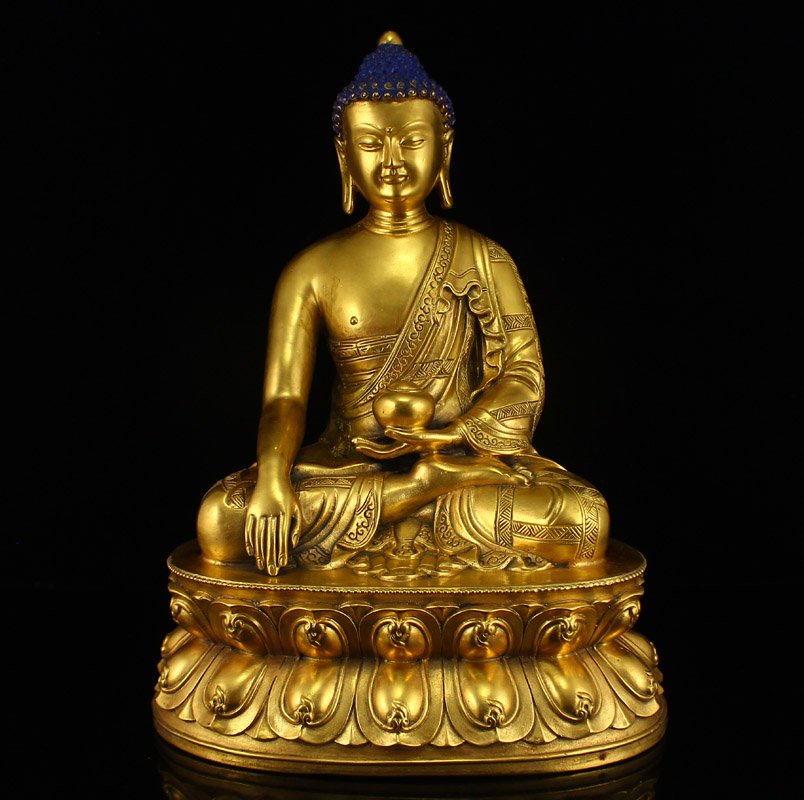 Chinese Gilt Gold Bronze Siddhartha Buddha Statue: 中國明代 精美鎏金青銅 藥師琉璃光如來佛 佛像 Chinese Ming Dynasty Gilt Gold Bronz