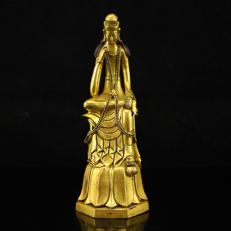 Chinese Bei Wei Gilt Gold Bronze Thinking Buddha Statue: 中國 北魏時期 鎏金青銅思維佛像 Chinese Bei Wei Gilt Gold Bronze Thinking Buddha Statue Dimension: 203x75x75(mm)7.99x
