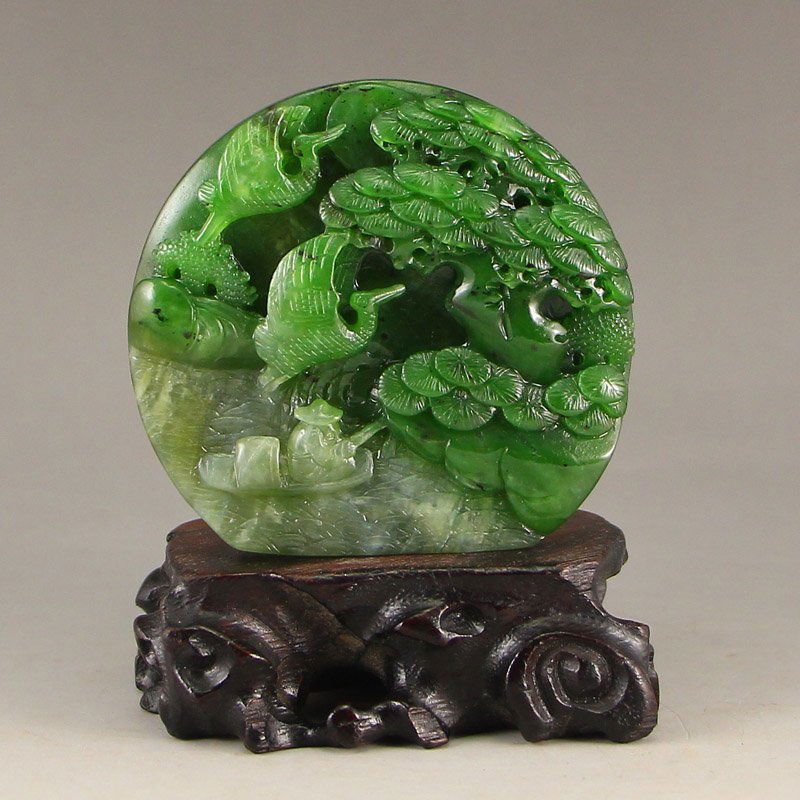 Chinese Green Hetian Jade Cranes & Pine Tree Statue (1 of 7)