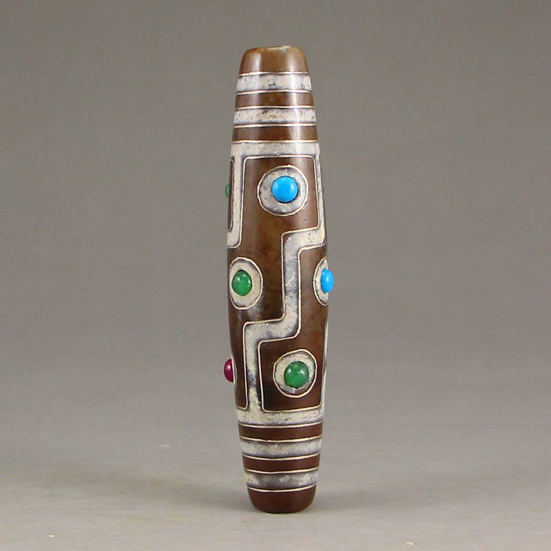 Vintage Tibet DZI Agate Inlay Gold Wire & Gem Pendant (1 of 6)