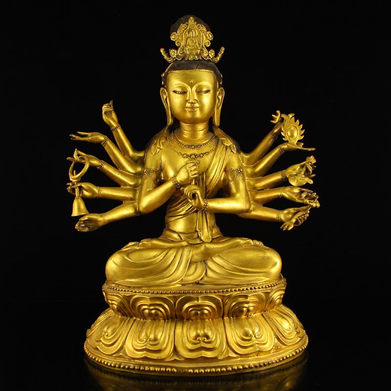 Vintage Tibet Gilt Gold Bronze 12 Arms Kwan-yin Statue (1 of 8)