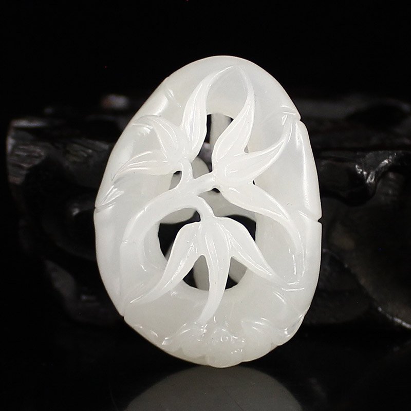 Openwork Chinese Hetian Jade Bamboo & Bat Pendant (1 of 6)