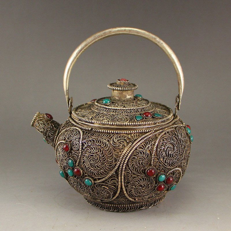Vintage Sterling Silver Inlay Gem Teapot (1 of 6)