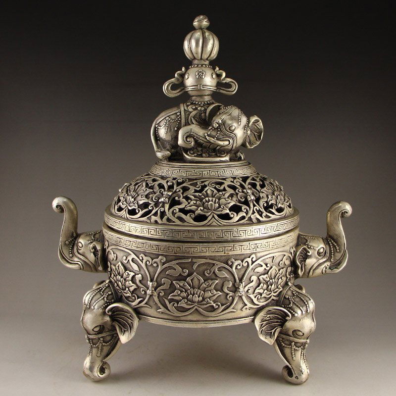 China White Copper Elephant Heads 3 Legs Incense Burner (1 of 10)