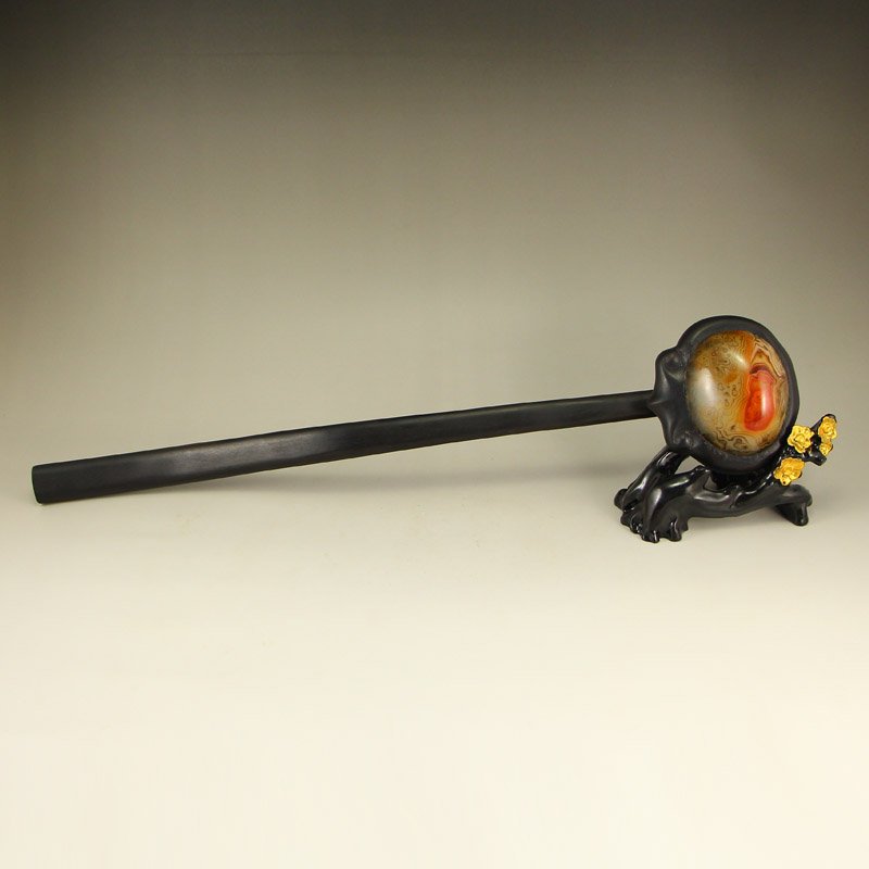 Zitan Wood Inlay Agate Original Stone Ruyi Scepter: Vintage Chinese Zitan Wood Inlay Agate Original Stone Ruyi Scepter Dimension: 400x75x55(mm)15.75x2.95x2.17(inches) Weight 0.47 lbs/215 g The wooden stand not include
