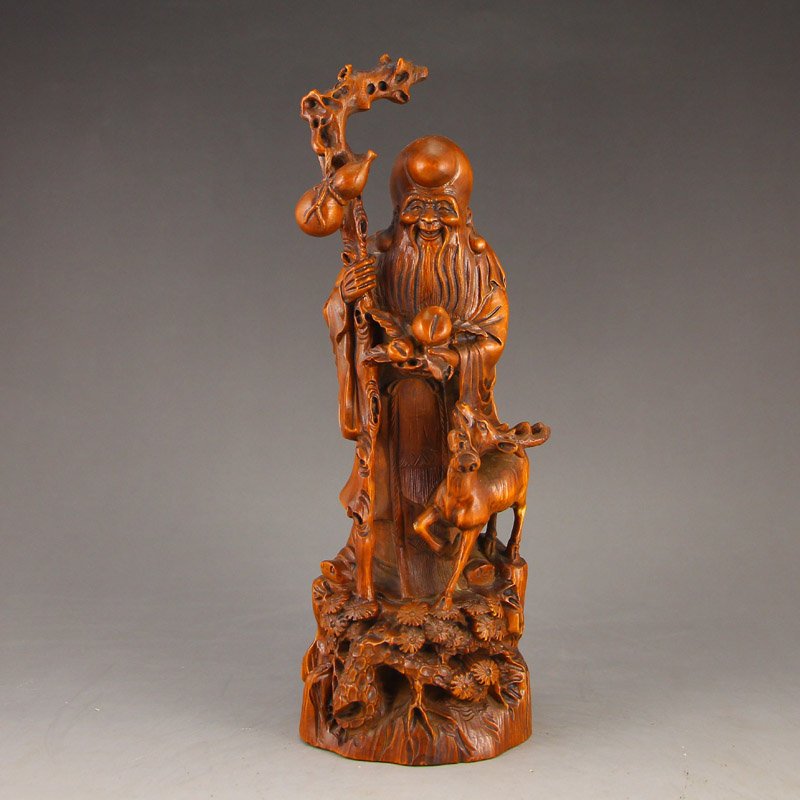Vintage China Boxwood Statue - Long Life Old Man & Deer (1 of 7)