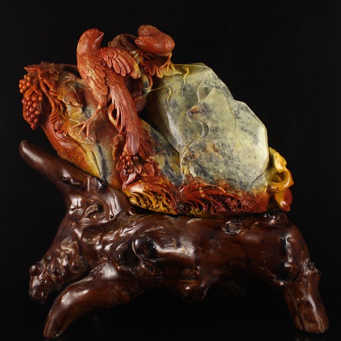 Superb Chinese Shoushan Stone Statue w Magpies (1 of 8)