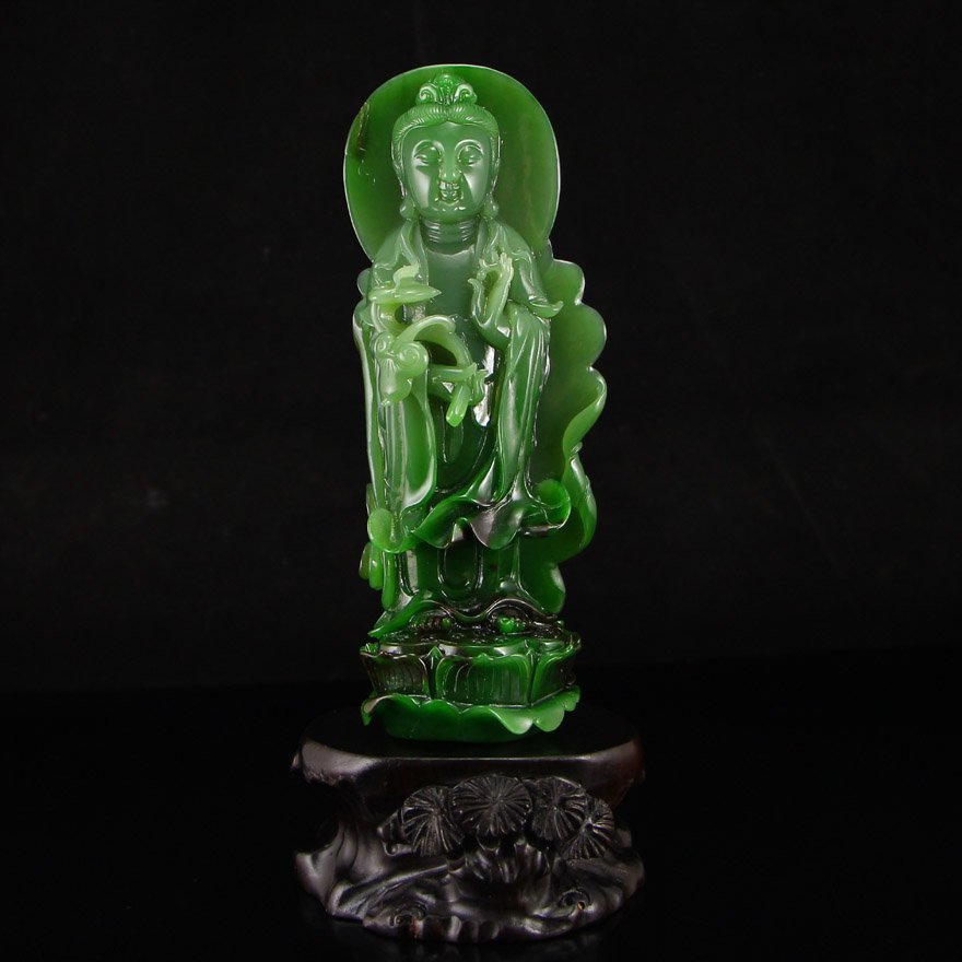 Superb Chinese Green Hetian Jade Ruyi Kwan-yin Statue (1 of 10)