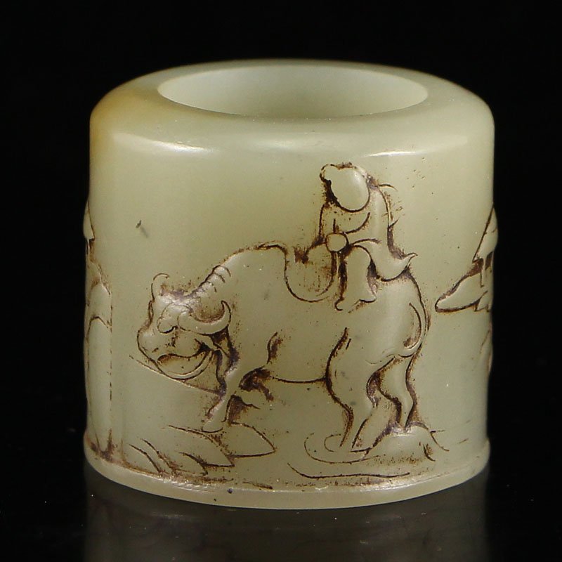 Vintage Chinese Hetian Jade Thumb Ring w Kid & Ox (1 of 8)