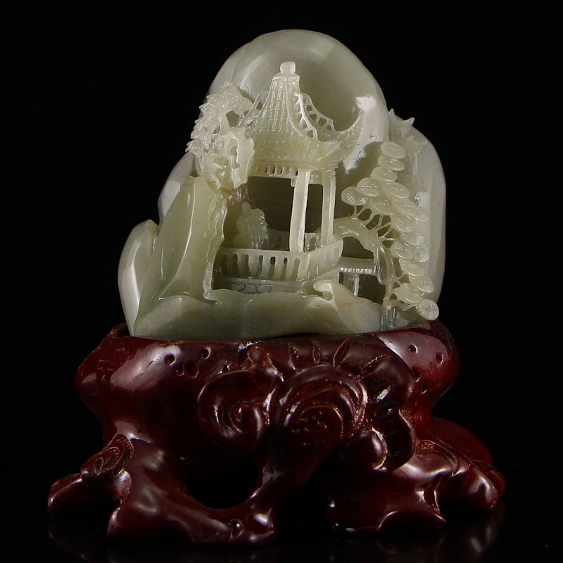 Chinese Natural Hetian Jade Old Man & Pine Tree Statue (1 of 7)
