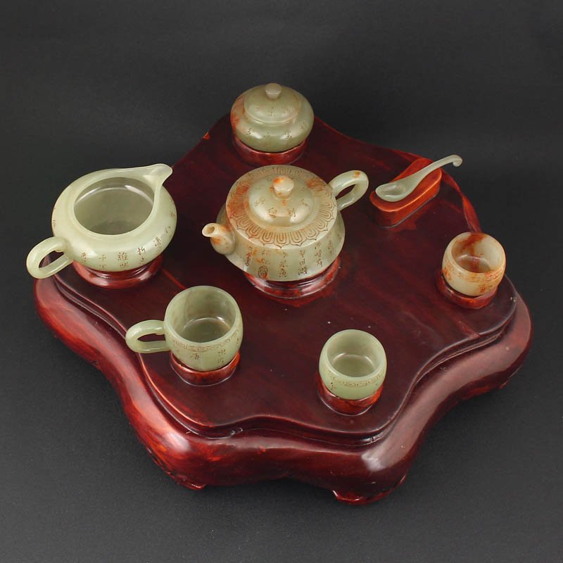 A Set Chinese Qing Dy Hetian Jade Poetry  Teapot & Cups (1 of 10)