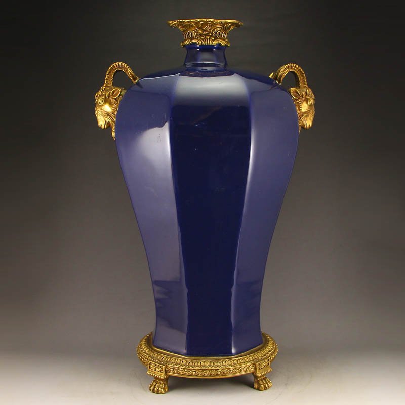 Chinese Gilt Gold Blue Glaze Sheep Head Porcelain Vase (1 of 9)