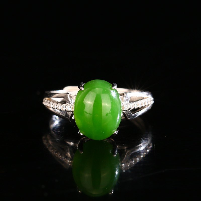 Chinese 925 Silver Inlay Green Hetian Jade Ring (1 of 6)