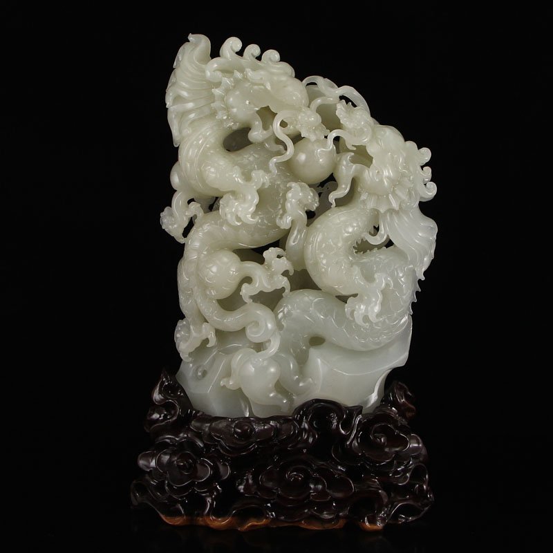 Chinese Qing Dy Hetian Jade Statue - Dragons & Ball (1 of 9)