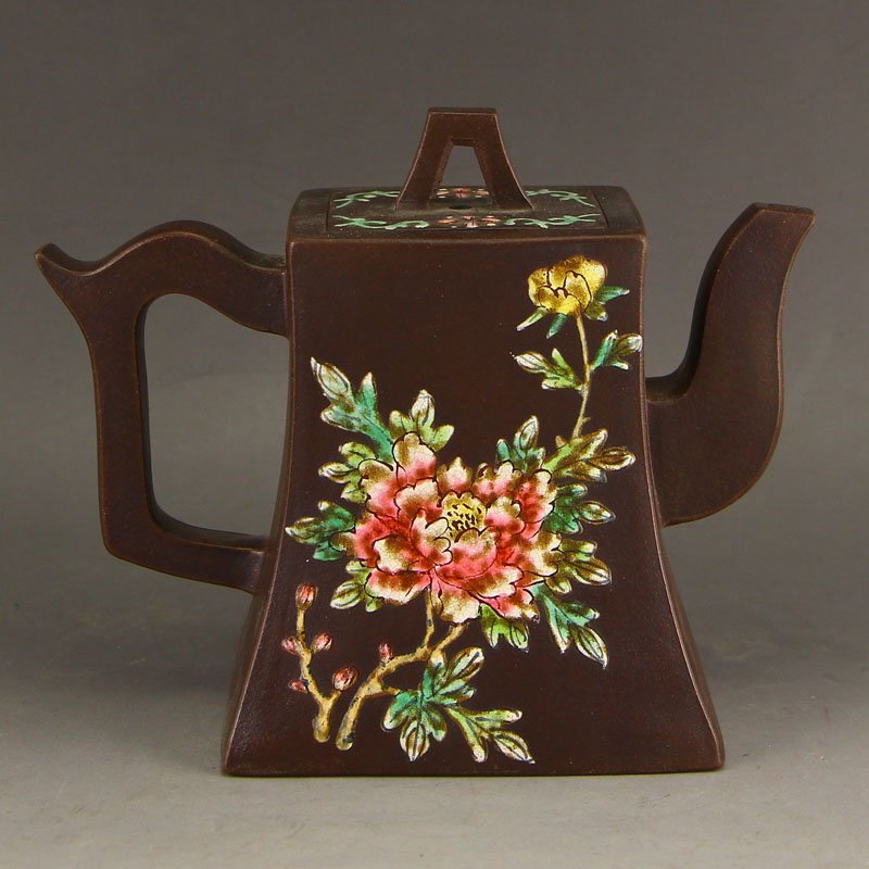Chinese Yixing Zisha Clay Teapot w Flower: 精美 中國宜興紫砂加彩 蝶戀花 紫砂茶壺 Chinese Yixing Zisha Clay Teapot w Flower Dimension: 120x145