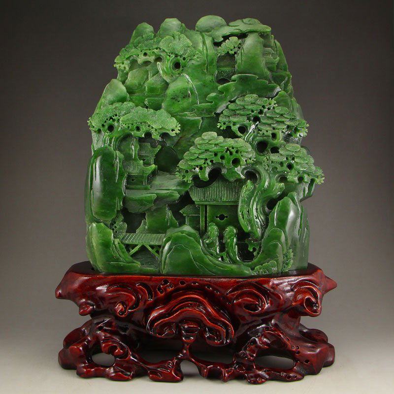 Chinese Green Hetian Jade Figures & Pine Tree Statue (1 of 7)
