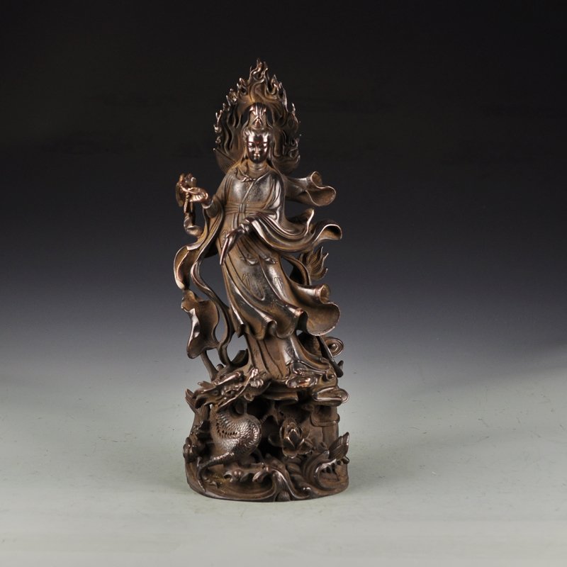 Chinese Red Copper Statue -  Kwan-yin & Dragon (1 of 9)