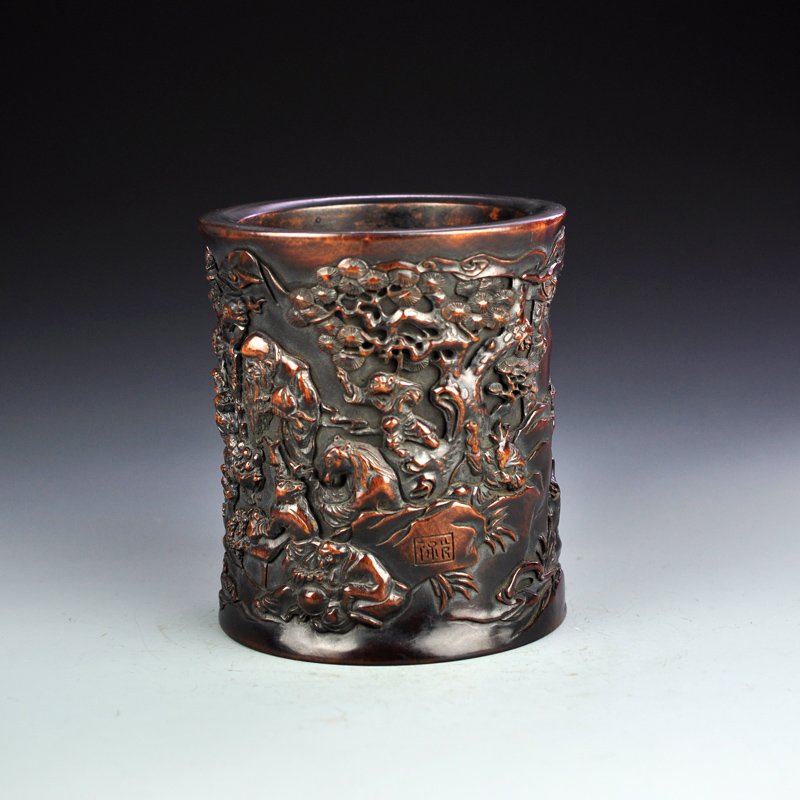 Vintage Chinese Zitan Wood Brush Pot w Sages Meeting (1 of 10)