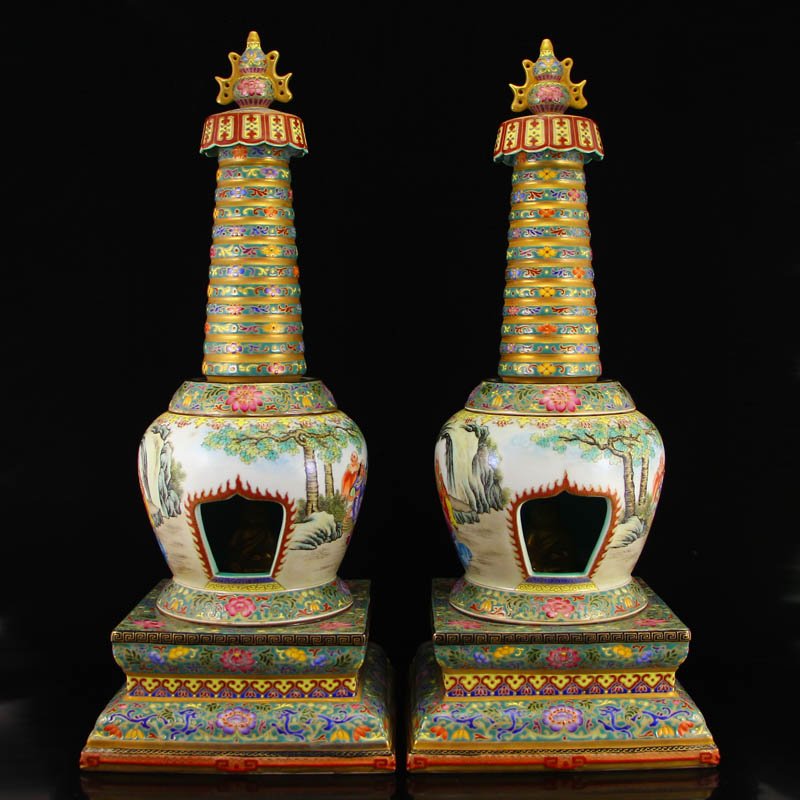 A Pair Chinese Gilt Gold Famille Rose Porcelain Pagodas (1 of 10)