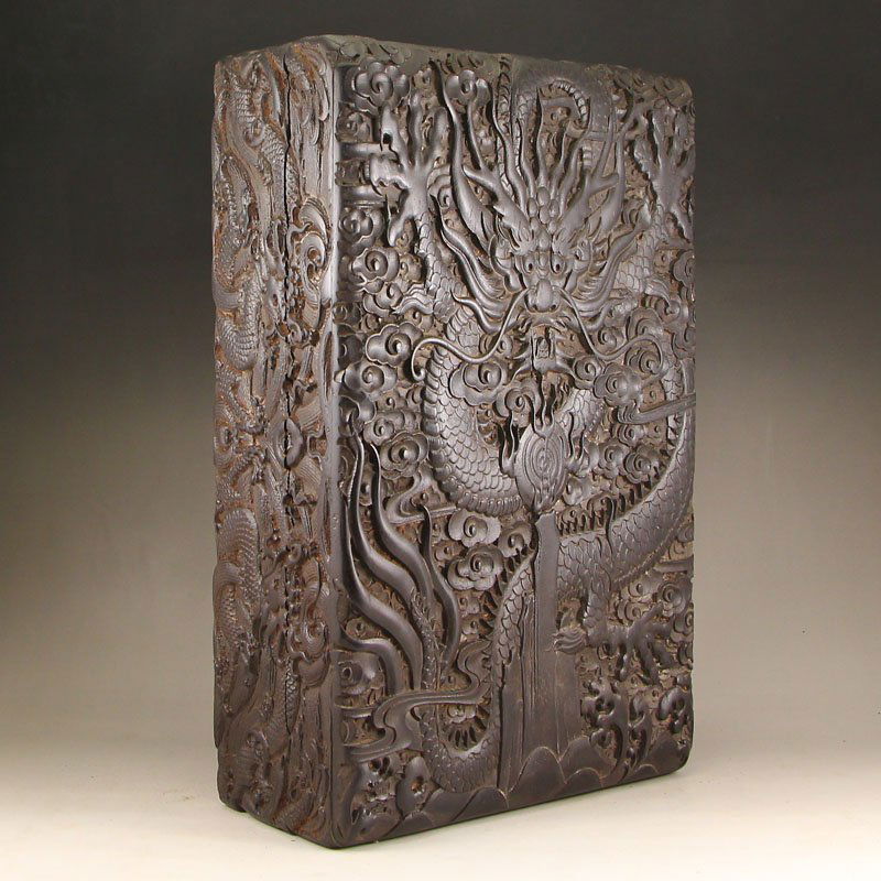 Vintage Chinese Zitan Wood Seal Box w Dragons & Balls (1 of 8)