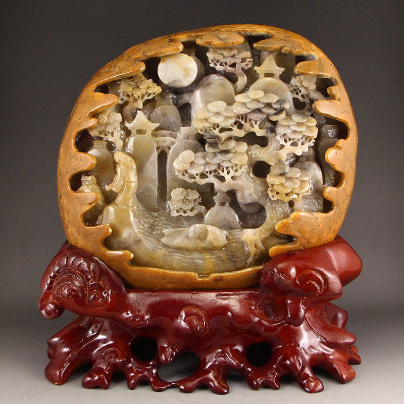 Vintage Chinese Hetian Jade Sage & Pine Tree Statue (1 of 5)