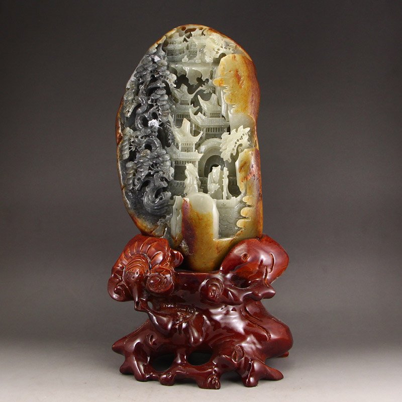 Chinese Natural Hetian Jade Statue - Sages & Pine Tree (1 of 5)